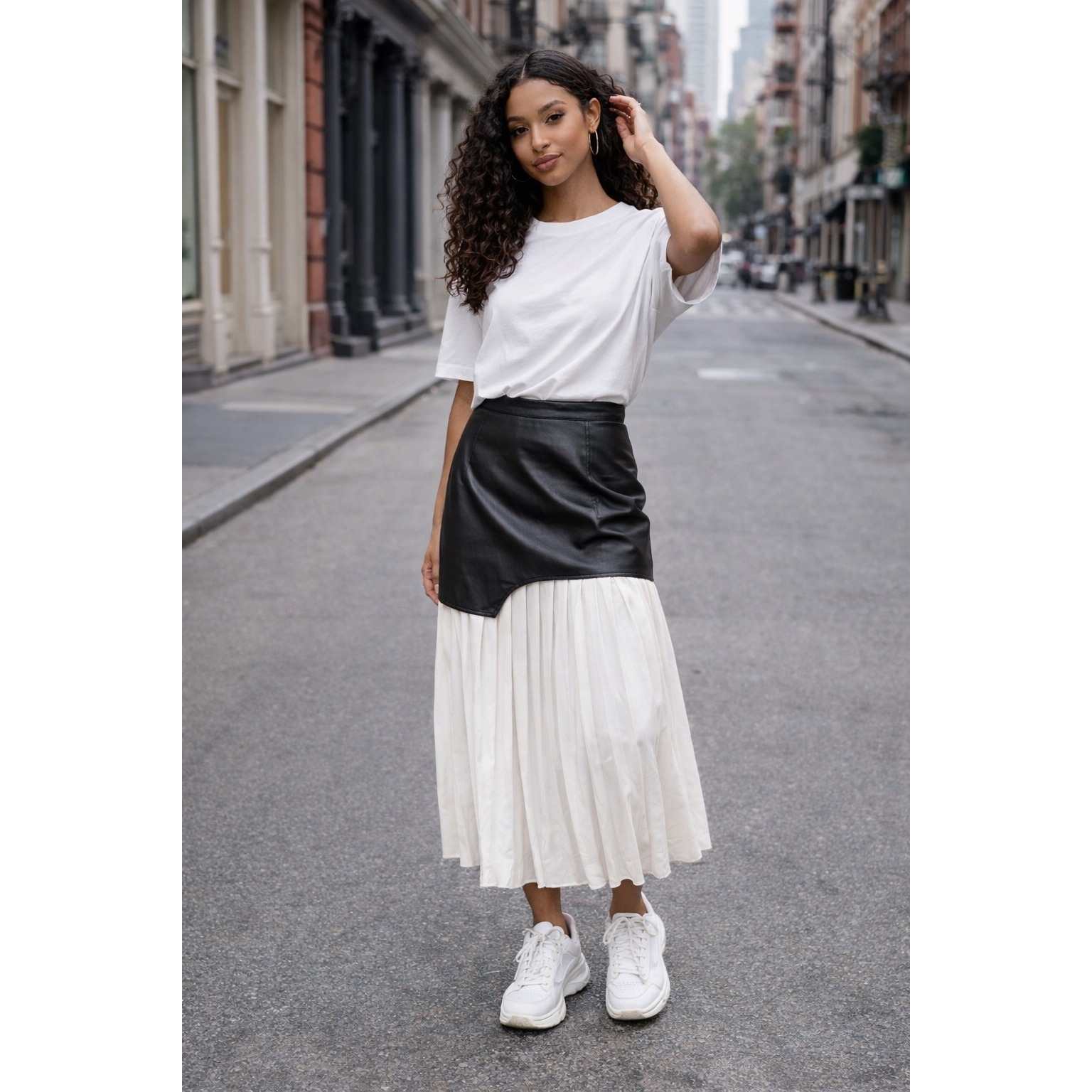 Commense Asymmetric Patchwork Faux Leather Chiffon Pleated Midi Skirt White L